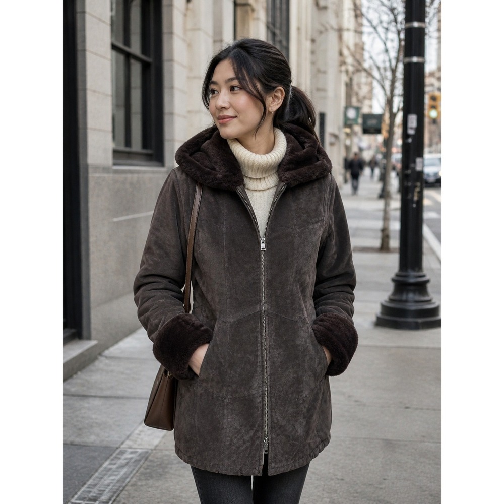 Covington Hooded Faux Fur Suede Leather Winter Coat Size M Retro 70s Vtg Y2K